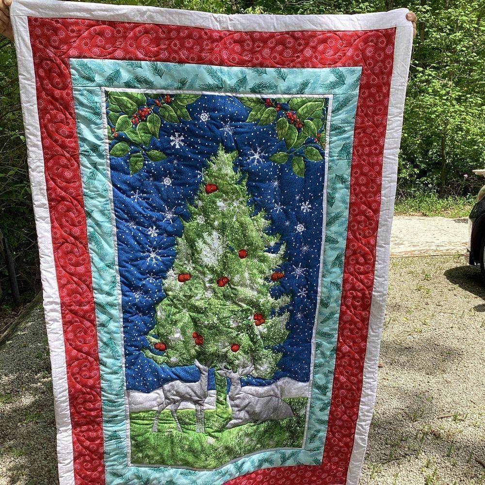 NWT. Christmas Forest Tree with Deer Lap Quilt Hand Crafted